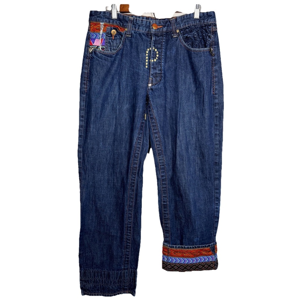 Vintage Parish Jeans 34x31 Embroidered Aztec Boho Festival Wide Leg Roll Cuff